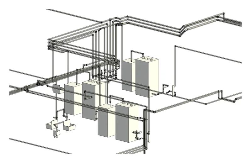 Technikzentrale mit Anlagenkomponenten und Rohrleitungen im 3D-Modell