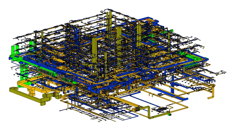 3D-Modell der Haustechnik eines Gebäudeteils, farbig nach Gewerken